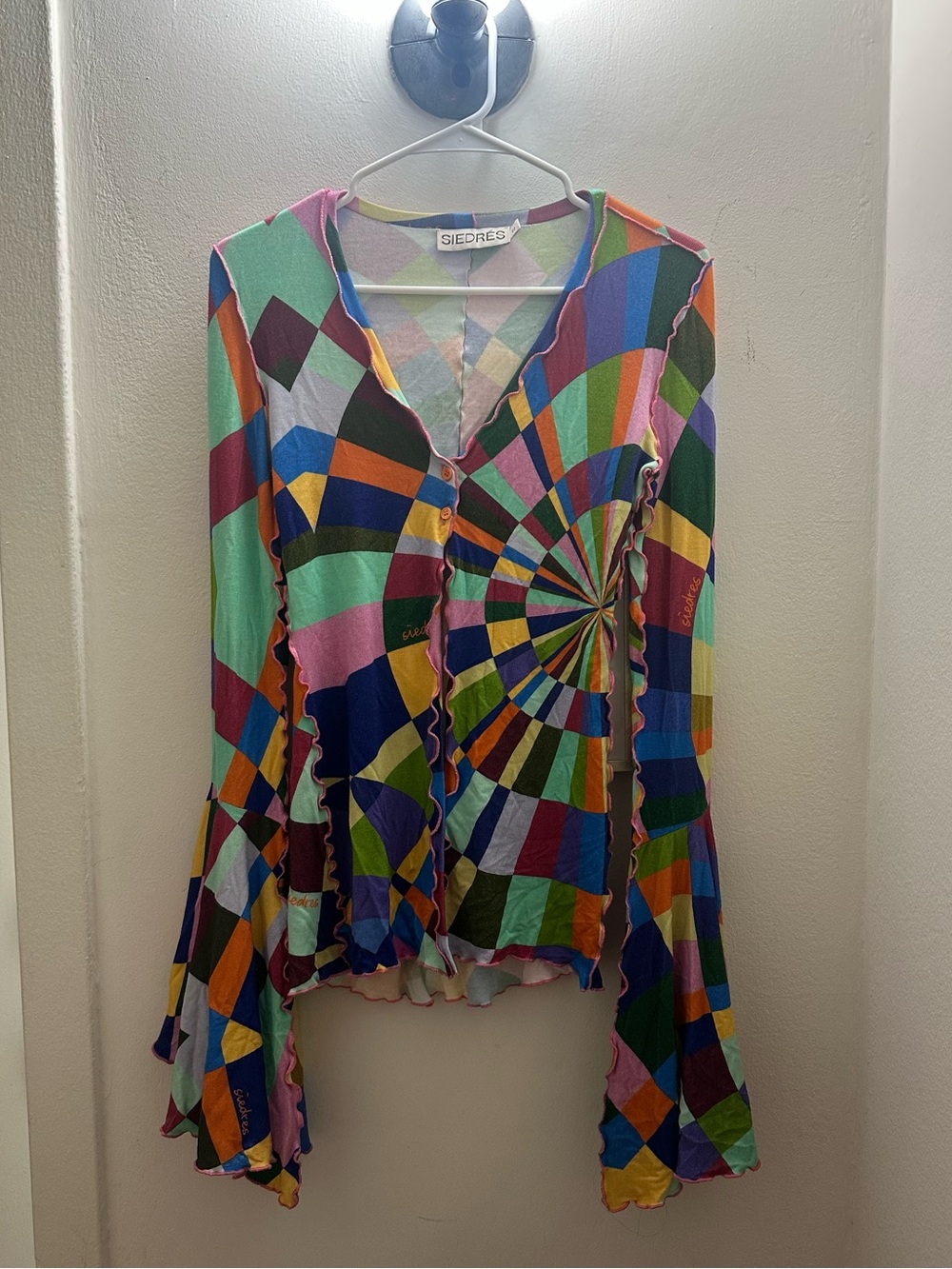 SIEDRÉS Multicolor Geometric Bell Sleeve Top S